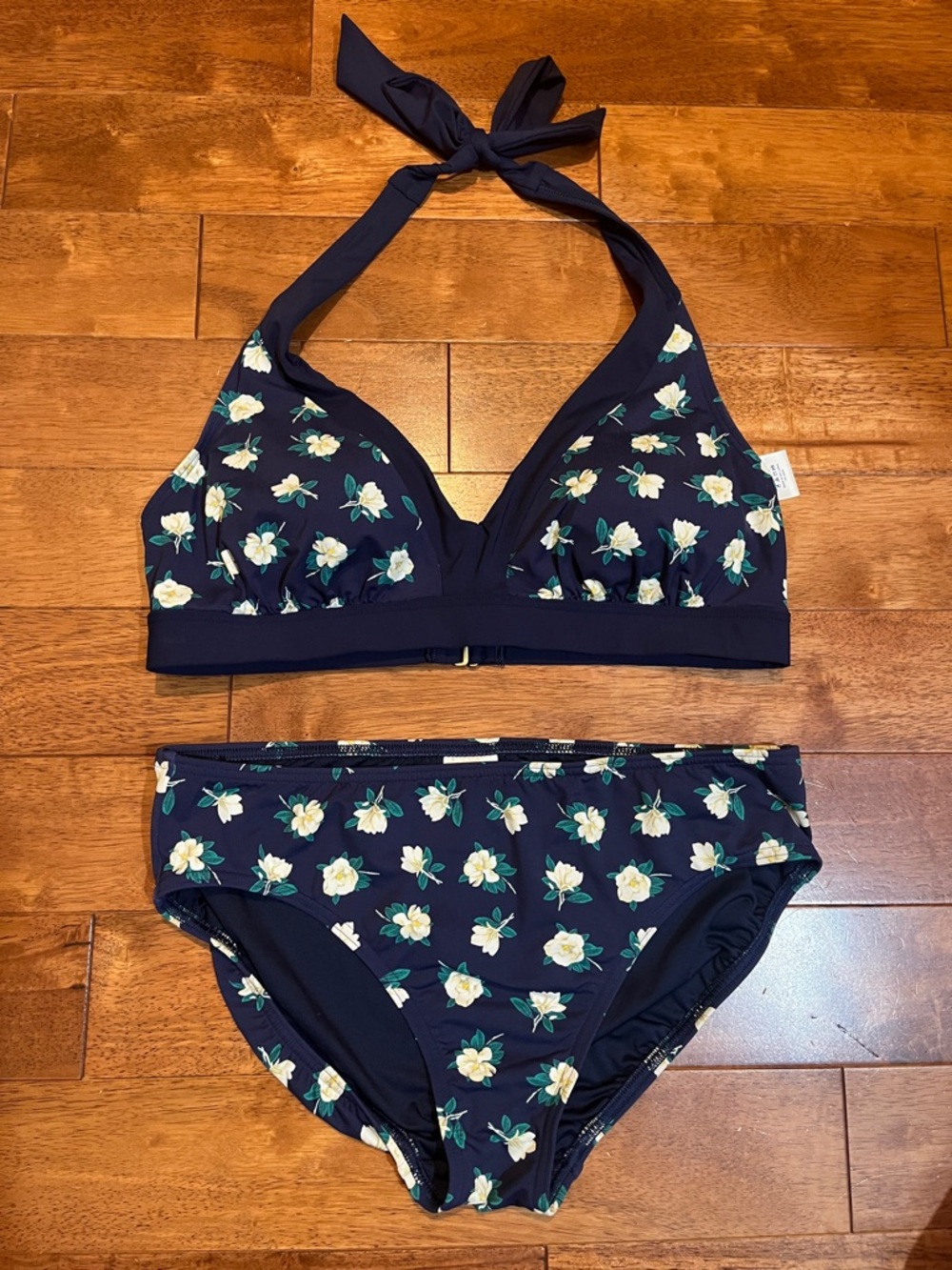 Lands End Navy Magnolia Floral Halter Bikini Set size 12